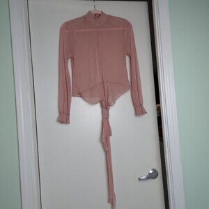 Dusty Rose & Silver Long Sleeve Ruched High Neck & Cuffs Long Wrap Tie Sz S